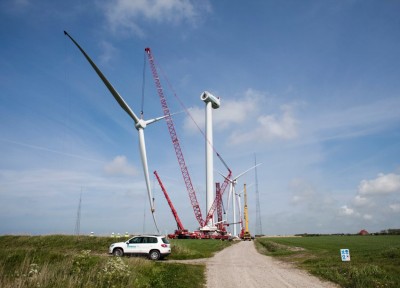 For the relatively weak inland winds to generate sufficient energy and profits, Germany's wind farmers need to reach higher and higher into the skies. This rotorblade of this wind turbine is 120 meters (394 feet) in diameter.