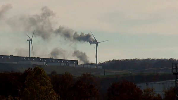 The wind turbine in Bear Creek Township caught fire Thursday afternoon.